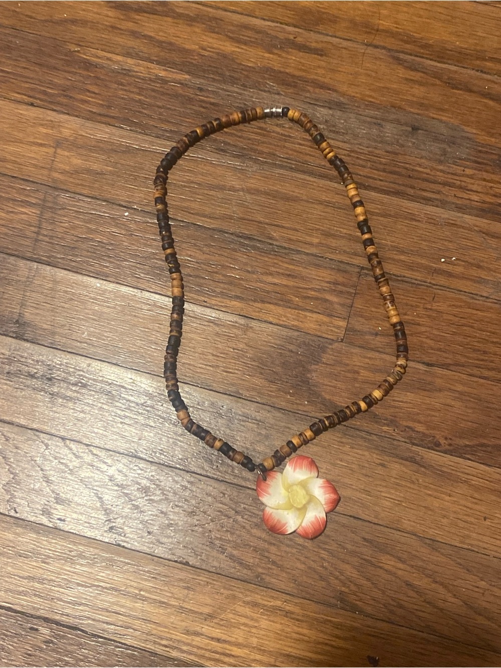 Wood Bead Necklace with Pink and Cream Flower Pendant